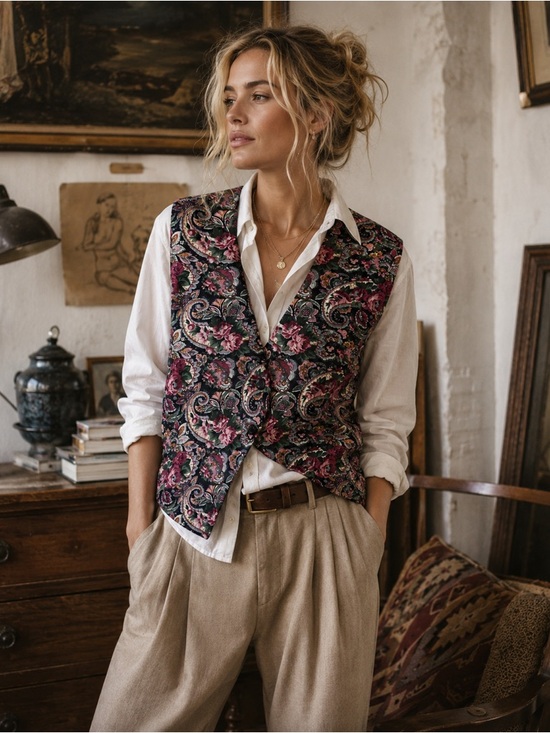 Jackets & Blazers - Floral Paisley Quilted Vest in Black & Pink